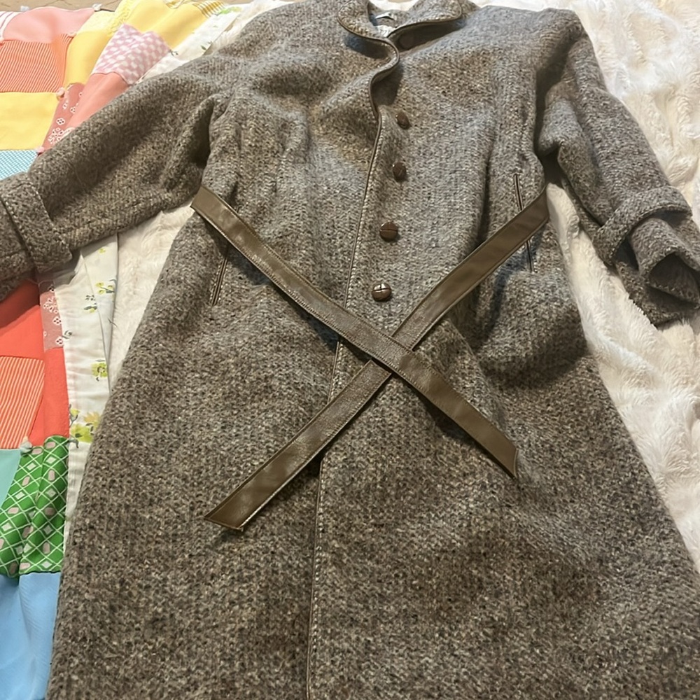 Vintage 50s Belted  Tweed Swing Jacket Wool Pea Coat Rare Antique Lou Fritzel - Picture 5 of 15